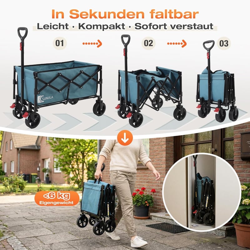SUNULA Összecsukható Kézikocsi 80L 100kg Fékes Terepkocsi Kék