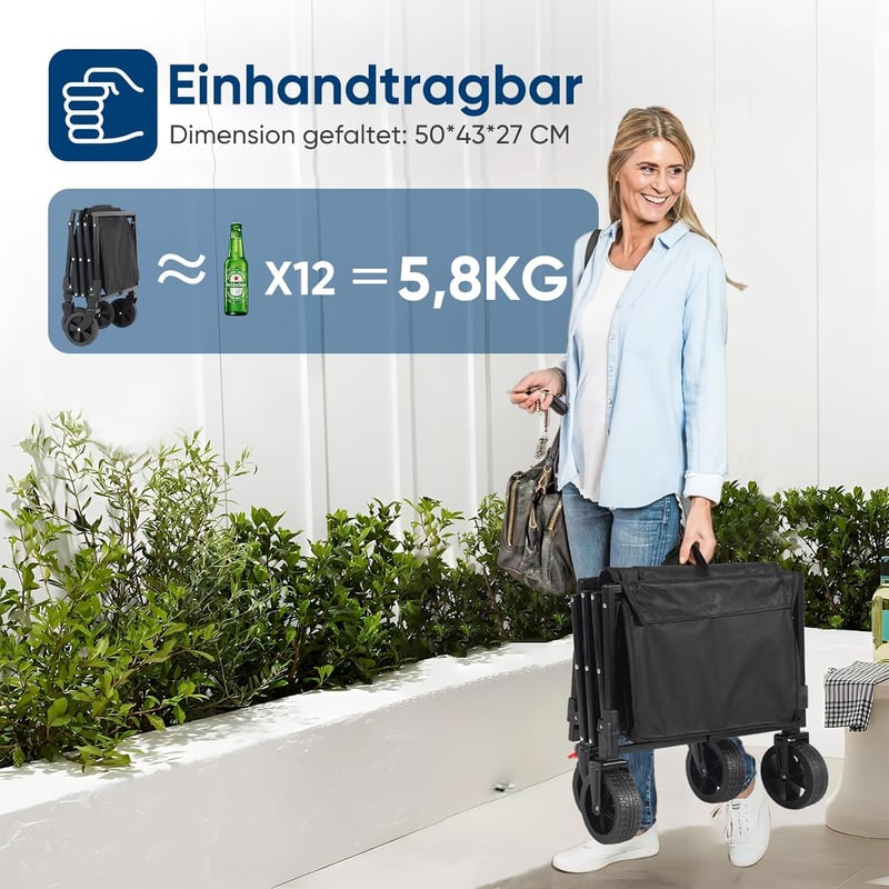 Sunula összecsukható kézikocsi 80L 100kg teherbirás fékes fekete - 80L Standard Reifen, Black