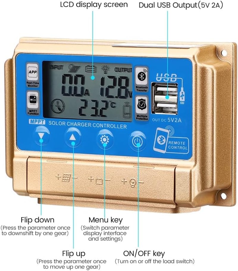 SUNYIMA 60A MPPT napelemes töltésvezérlő Bluetooth LCD kijelzővel és USB portokkal