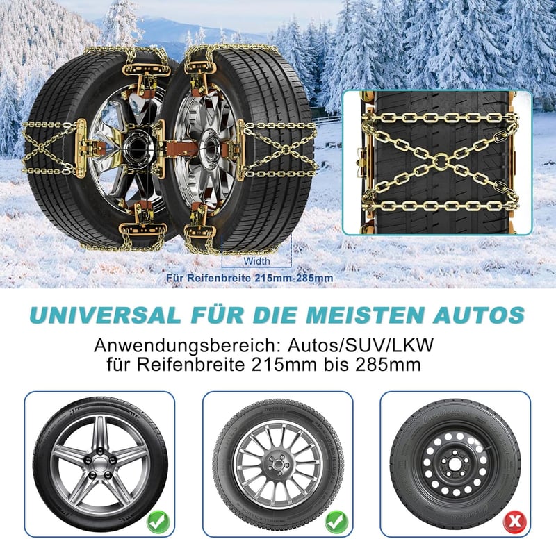 SUNYRISY 8 db Univerzális Hólánc Autókhoz - Állítható Fém Abroncsláncok SUV/Terepjáró/Kisteherautó Gumiabroncsokhoz (215-285 mm) Nagy Tapadá