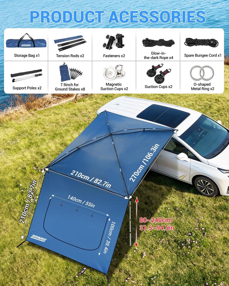 Copertină auto SUPAREE 210D Oxford, rezistentă la apă și UV, pentru SUV, cu perete lateral și fereastră cu plasă de țânțari, pentru rulotă și camping