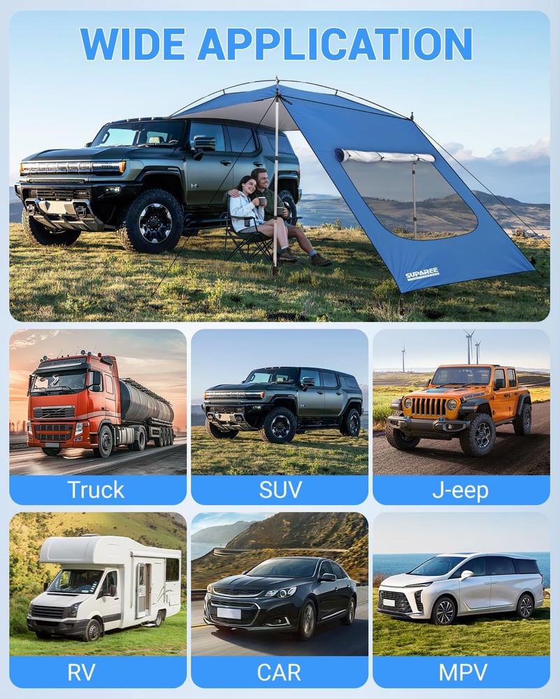 Copertină auto SUPAREE 210D Oxford, rezistentă la apă și UV, pentru SUV, cu perete lateral și fereastră cu plasă de țânțari, pentru rulotă și camping