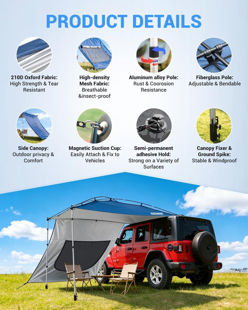 Copertină auto SUPAREE 210D Oxford, rezistentă la apă și UV, pentru SUV, cu perete lateral și fereastră cu plasă de țânțari, pentru rulotă și camping