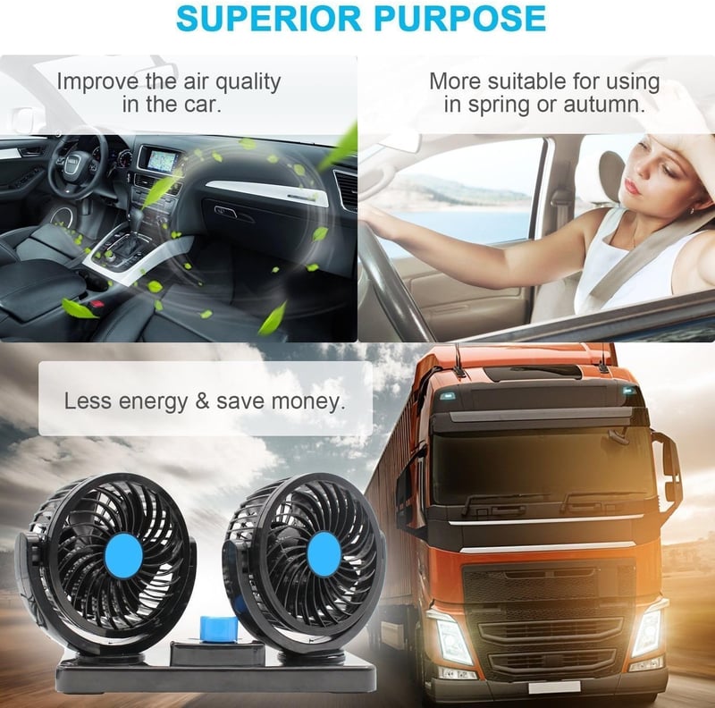 SUPAREE Autós Ventilátor 12V Dupla Ventilátoros Állítható Hűtés 8W/15W