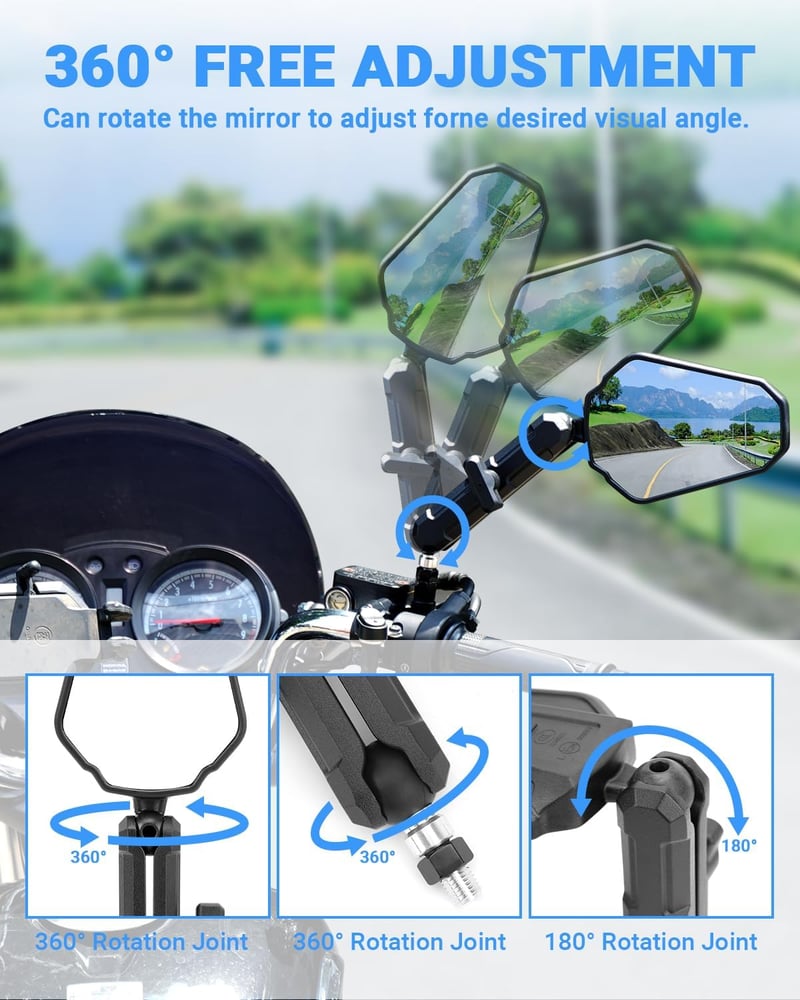 SUPAREE Univerzális Visszapillantó Tükör - 360° Forgatható, Összecsukható, E-Jóváhagyott, Robusztus Kivitel Motorkerékpárhoz, Robogóhoz és A