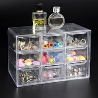 Organizator de birou mini din acril Supaway cu 9 sertare, transparent, stivuibil, pentru cosmetice, bijuterii și articole de papetărie, 18x10x12 cm 1