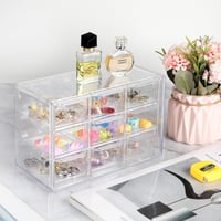 Organizator de birou mini din acril Supaway cu 9 sertare, transparent, stivuibil, pentru cosmetice, bijuterii și articole de papetărie, 18x10x12 cm 6