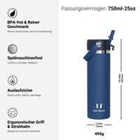 Nerezová fľaša na vodu Super Sparrow 750 ml, termoska so širokým hrdlom a slamkou SwivelSip, bez obsahu BPA, nepriepustná, športová 3