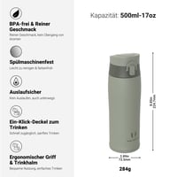 Detská termoska Super Sparrow, 500 ml, nehrdzavejúca oceľ, bez BPA, nepriepustná, fľaša na vodu do školy a na šport, Desert Green 3