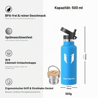 Nerezová detská fľaša na vodu Super Sparrow so slamkou, 500 ml, nepriepustná termoska, športová fľaša bez BPA 3