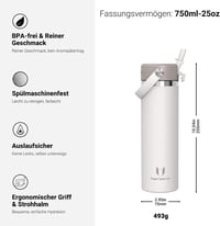 Super Sparrow rozsdamentes acél ivópalack 750ml, szívószállal, BPA-mentes, vízhatlan termoszpalack sporthoz és utazáshoz - 750 ml, Cream 3