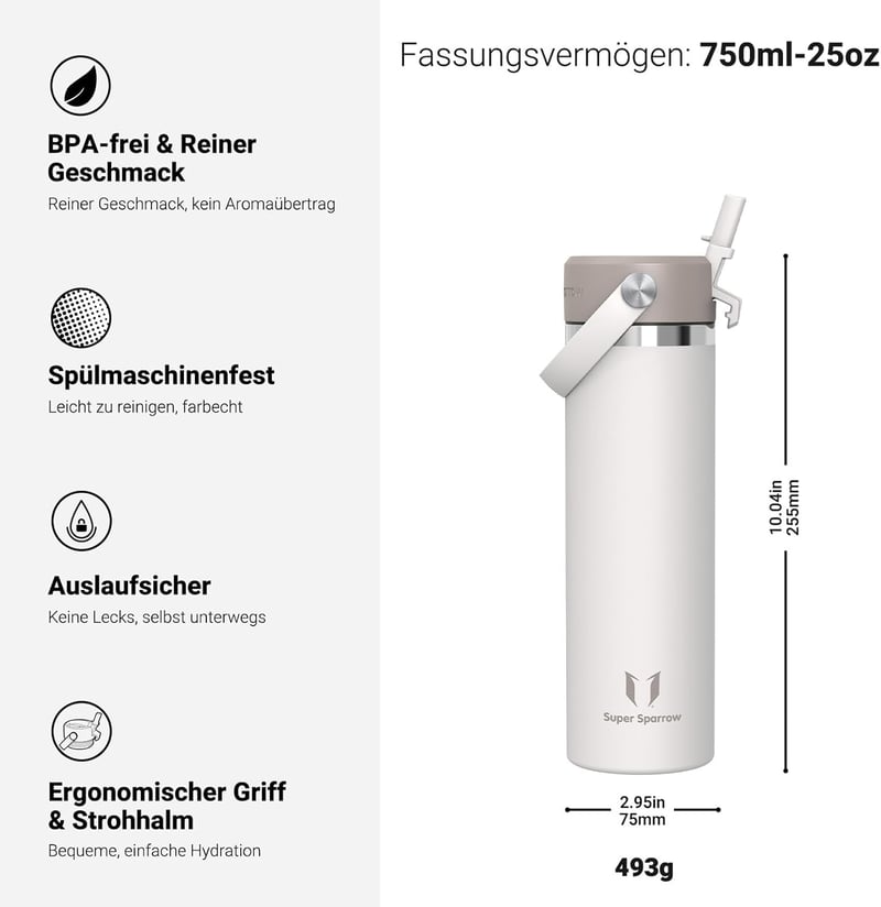 Super Sparrow rozsdamentes acél ivópalack 750ml, szívószállal, BPA-mentes, vízhatlan termoszpalack sporthoz és utazáshoz - 750 ml, Cream