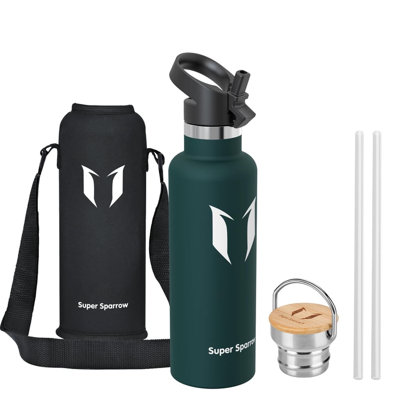 Nerezová fľaša na vodu Super Sparrow 750 ml, nepriepustná termoska, bez BPA, s 2 uzávermi, pre deti a športovcov, do školy