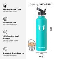 Nerezová termoska Super Sparrow 1000 ml, nepriepustná, bez BPA, so štandardným hrdlom, s 2 uzávermi, pre deti a športovcov 3