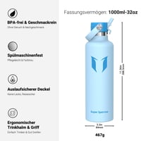 Nerezová termoska Super Sparrow 1 l, izolačná fľaša na vodu bez BPA na šport, do školy, na turistiku a cestovanie 3