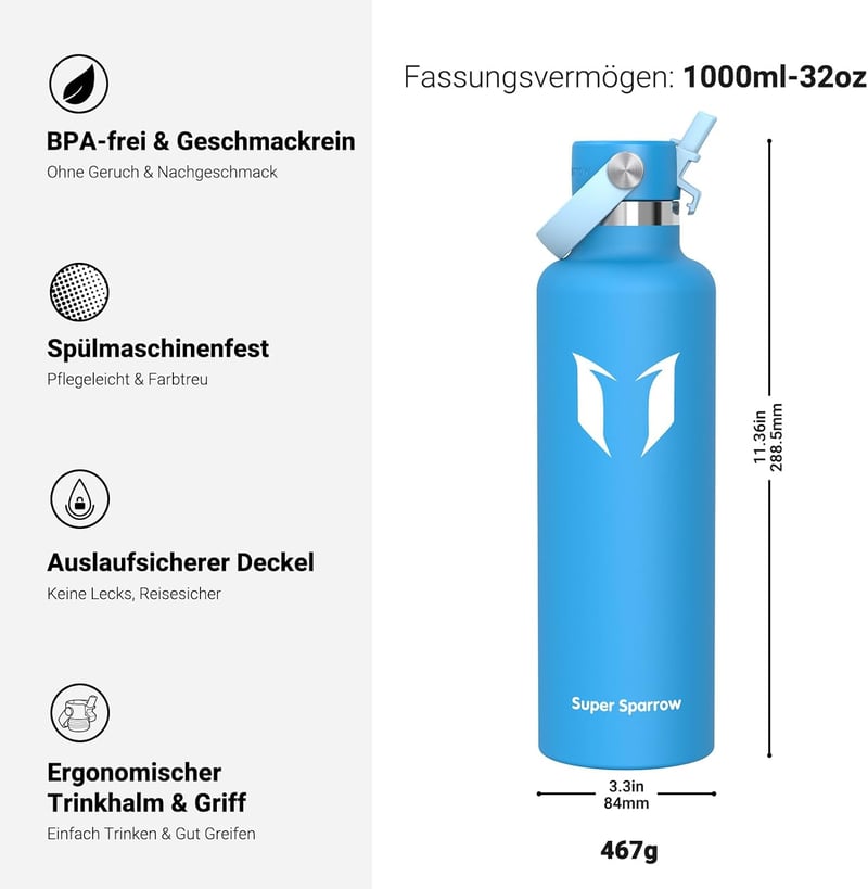 Super Sparrow Rozsdamentes Acél Termosz Palack 350-1000ml BPA-Mentes Sporthoz - 1000 fluid ounces, C- Sky Blue