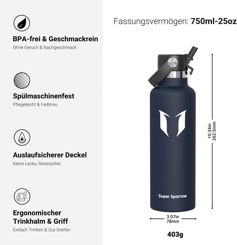 Super Sparrow Rozsdamentes Acél Termosz Palack 350-1000ml BPA-Mentes Sporthoz - 750 ml, C- Sea Blue