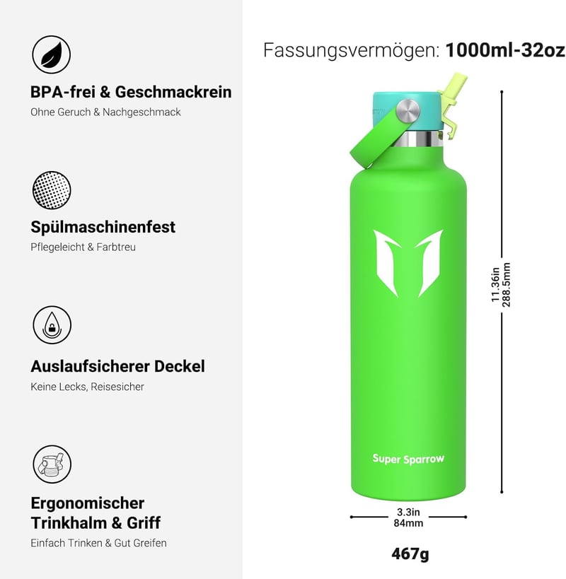 Super Sparrow Rozsdamentes Acél Termosz Palack 350-1000ml BPA-Mentes Sporthoz és Utazáshoz - 1000 fluid ounces, C- Apple Green