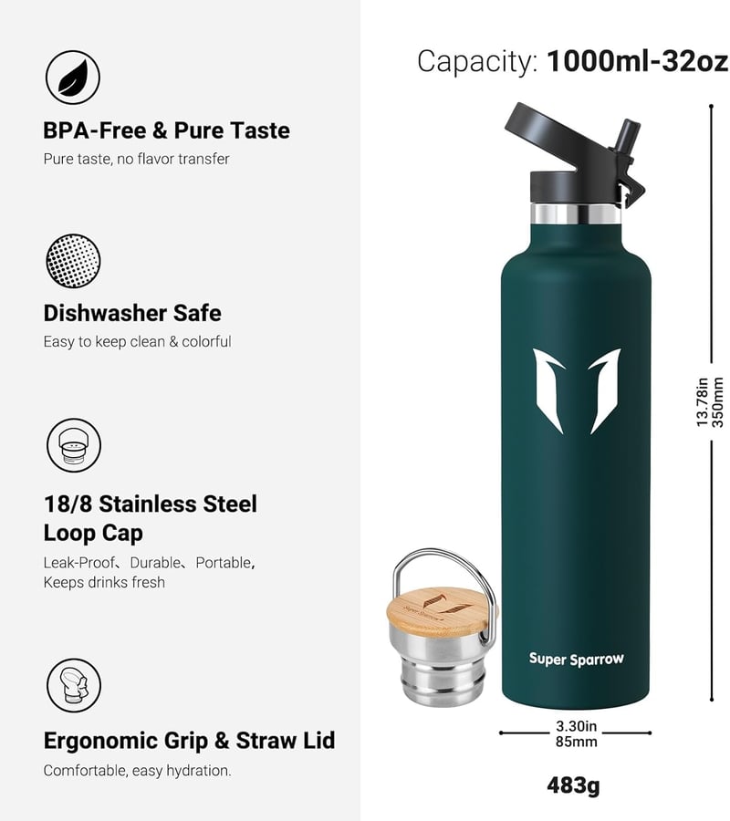 Super Sparrow rozsdamentes acél termosz palack 350-1000ml szivárgatásmentes BPA-mentes - 1,000 ml, Jade