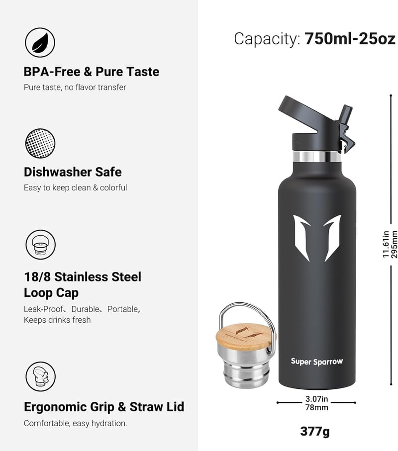 Super Sparrow rozsdamentes acél termosz palack 350-1000ml szivárgatásmentes BPA-mentes - 750 ml, Black