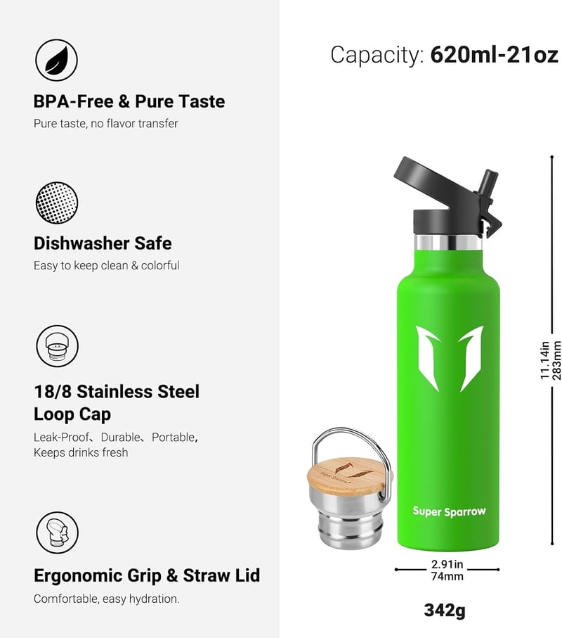 Super Sparrow rozsdamentes acél termosz palack 350-1000ml szivárgásmentes BPA-mentes - 620 fluid ounces, Apple Green