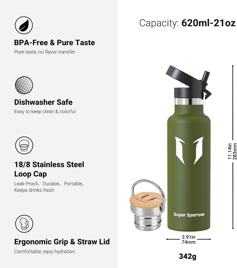 Super Sparrow rozsdamentes acél termosz palack 350-1000ml, szivárgatásmentes, BPA-mentes sportpalack - 620 fluid ounces, Green (Sage)
