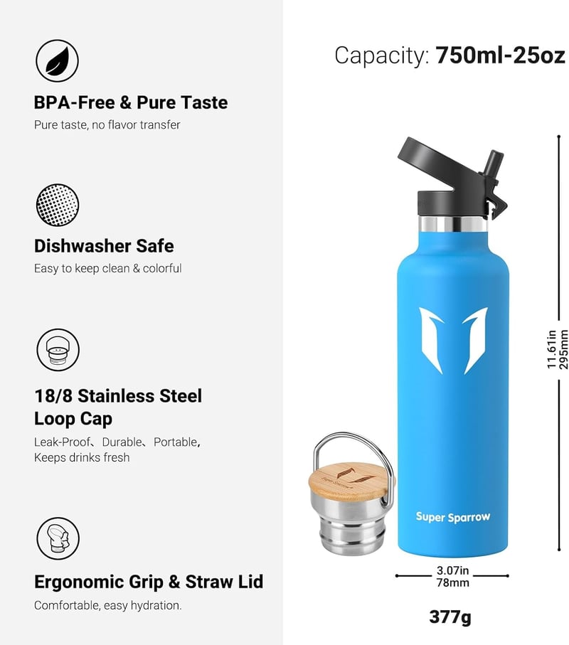 Super Sparrow rozsdamentes acél termosz palack 350-1000ml szivárgatásmentes BPA-mentes - 750 ml, Pacific