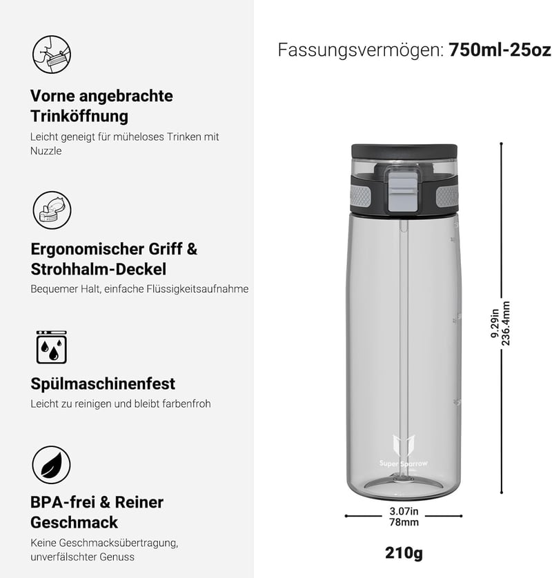Super Sparrow TouchSip BPA-mentes sportpalack 500/750/1000ml Tritan szívószállal - 750 ml, Mist Grey