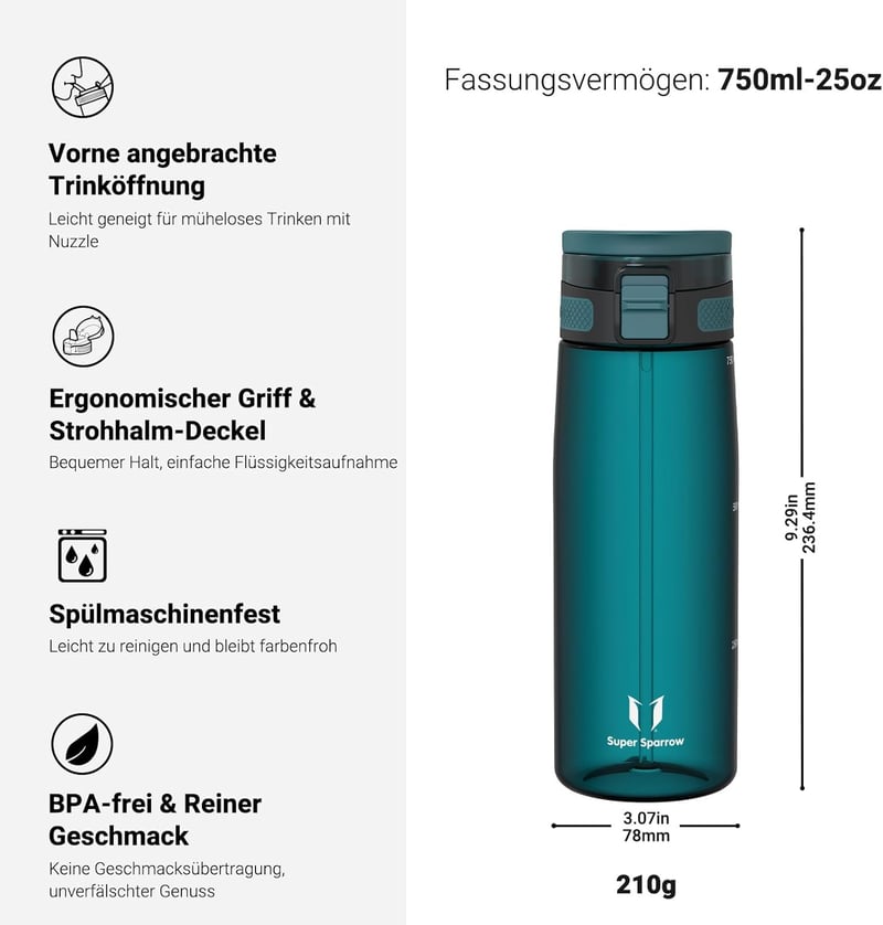 Super Sparrow TouchSip BPA-mentes sportpalack 500/750/1000ml Tritan szívószállal - 750 ml, Agave