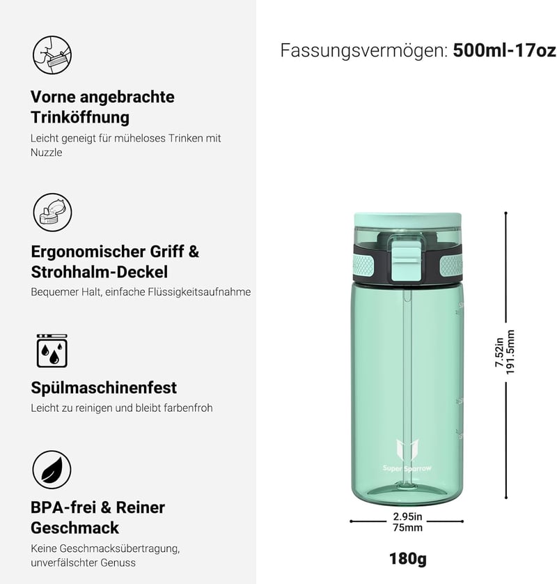 Super Sparrow TouchSip BPA-mentes sportpalack 500/750/1000ml Tritan szívószállal - 500 ml, Mint Green