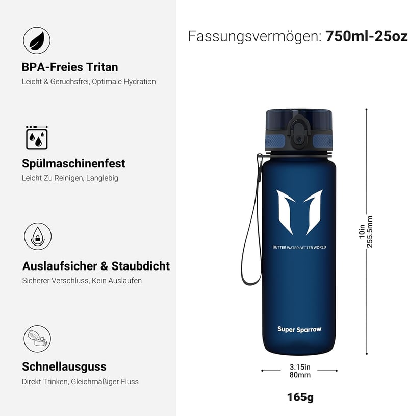 Super Sparrow Tritan Ivópalack 350-1000ml BPA-mentes Sportpalack Kerékpárhoz Edzéshez - 750 ml, Blueberry