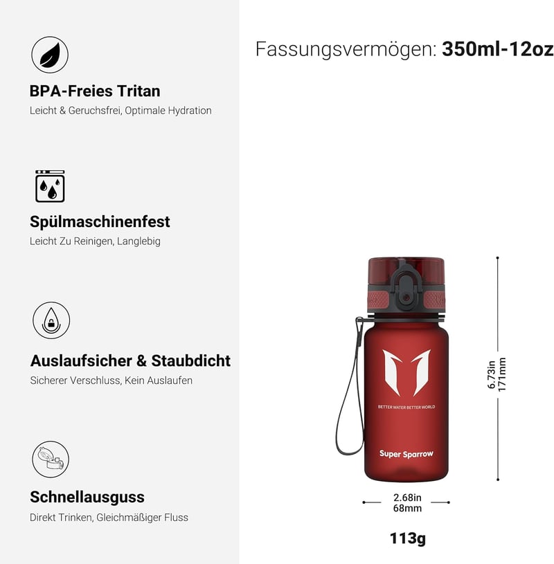 Super Sparrow Tritan Ivópalack 350-1000ml BPA-mentes Sportpalack Kerékpár Fitness Szabadidő - 350 ml, Imperial Red