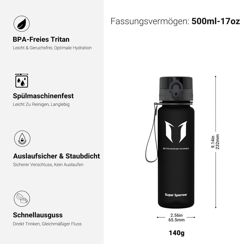 Super Sparrow Tritan Ivópalack 350-1000ml BPA-mentes Sportpalack Kerékpár Fitness - 500 ml, Black