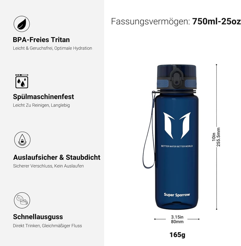 Super Sparrow Tritan Ivópalack 350-1000ml BPA-mentes Sportpalack Kerékpár Fitness - 750 ml, Glossy Blueberry
