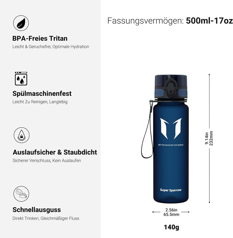 Super Sparrow Tritan Sportpalack 350-1000ml BPA-mentes Könnyű Vízpalack - 500 ml, Blueberry