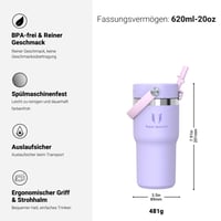 Termos din oțel inoxidabil Super Sparrow Twistpath cu capac și pai flexibil, 620 ml, fără BPA, compatibil cu suportul de pahar auto 3
