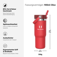 Nerezová termoska na pitie Super Sparrow Twistpath s viečkom so slamkou Flex – 900 ml – bez obsahu BPA, nepriepustná, kompatibilná s držiakmi na nápoje v aute 3