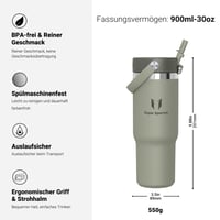 Nerezová termoska Super Sparrow Twistpath s vekom s ohybnou slamkou – 900 ml – bez obsahu BPA, nepriepustná, vhodná do držiaka v aute 3