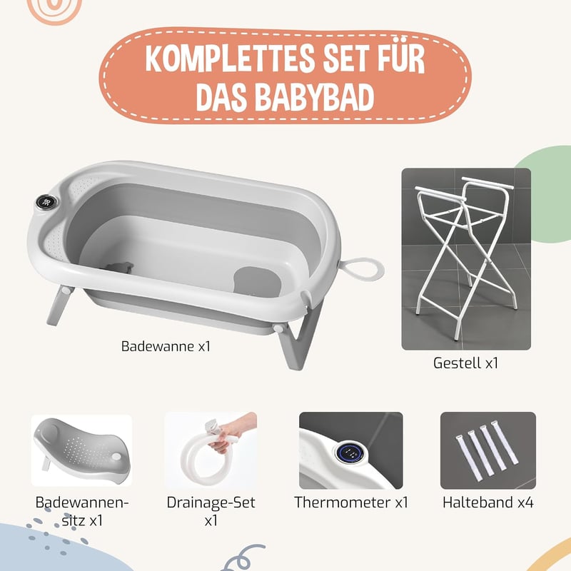 SUPERBE BEBE XXL összecsukható babafürdő kád állvánnyal, 2.0 hőmérővel, leeresztő rendszerrel és kádfogóval, zuhanyhoz is, születéstől 3 évi