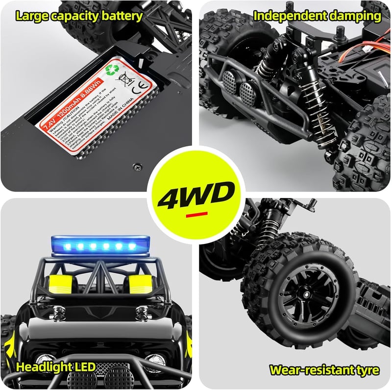 SupKonXi Távirányítós Autó 4WD Terepjáró 40 km/h, 1:18 Monster Truck, 2.4GHz Terep Crawler, 2 Akkumulátor 60 Perc Játékidő, Játékautó Gyerek
