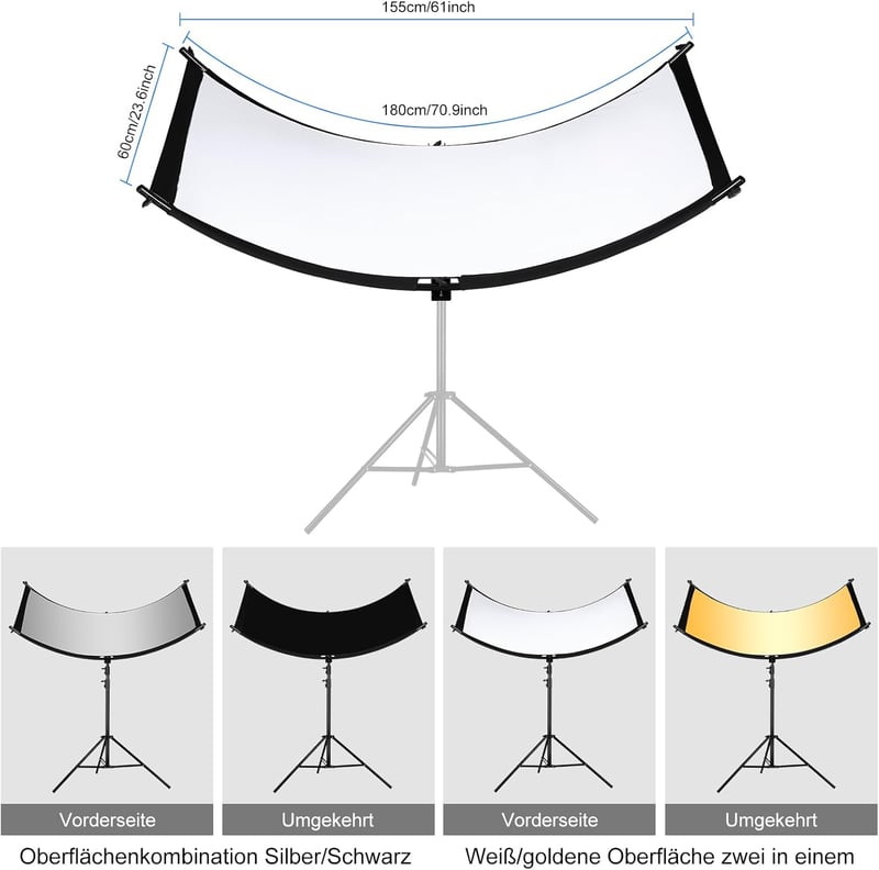 SUPON U-alakú Fotó Reflektor Szett 180x60cm - Stúdió Világítás 4 Színnel (Ezüst/Arany/Fekete/Fehér) Állvánnyal és Hordtáskával