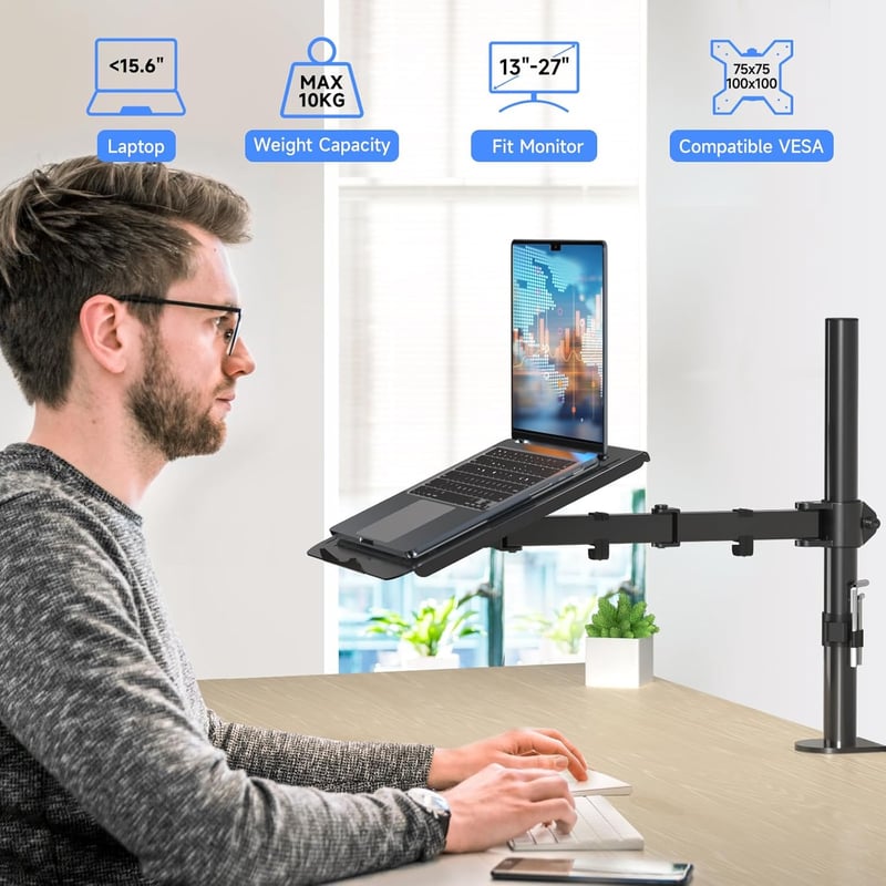 suptek Monitor Tartó Laptop Állvánnyal Teljesen Állítható 13-27 Hüvelykes Képernyőkhöz Fekete Asztali Monitorkar 40cm Rúddal