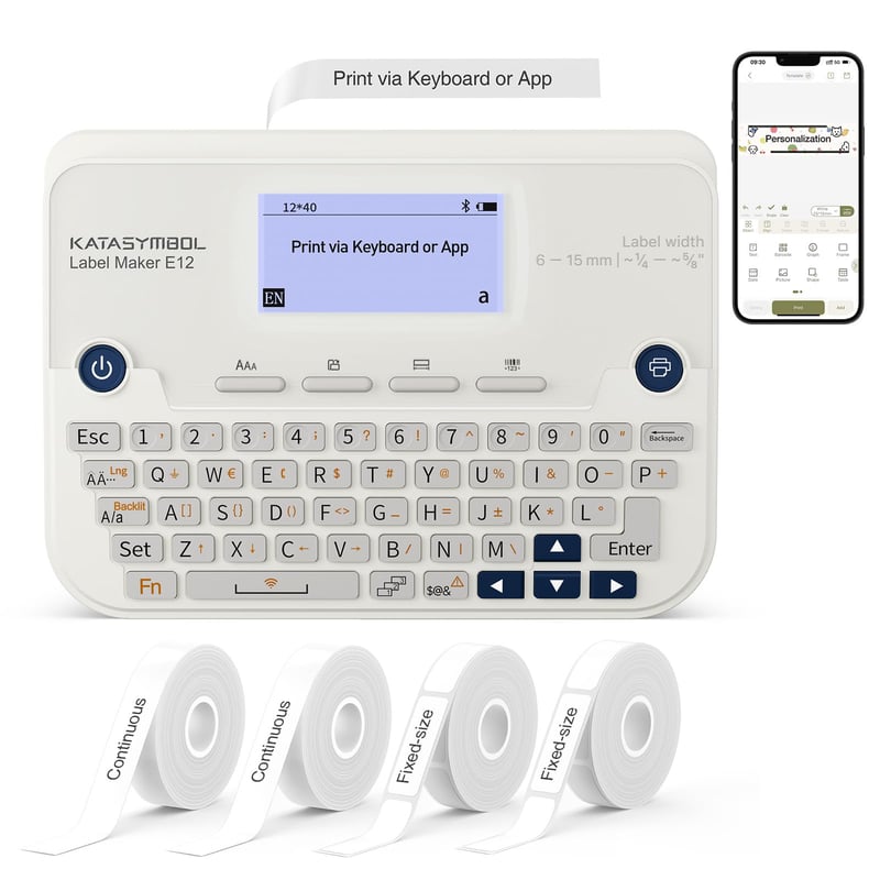 Aparat de etichetat SUPVAN E12 cu Bluetooth și tastatură, 4 benzi autoadezive incluse, pentru școală, birou și acasă, alb