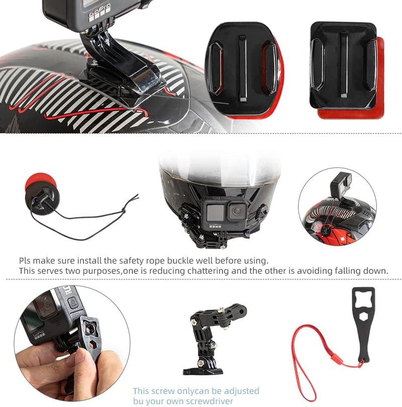 SUREWO Bukósisak Állrész Kamera Tartó GoPro Hero 7/6/5/4 Kamerákhoz - Állítható Rögzítő Szett Motorosoknak, 180 Fokos Forgató Mechanizmussal