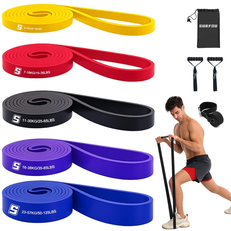Sada fitness odporových gúm SURFOU s 5 úrovňami odporu, dverovou kotvou, 2 úchopmi a taškou, na jogu, pilates a silový tréning