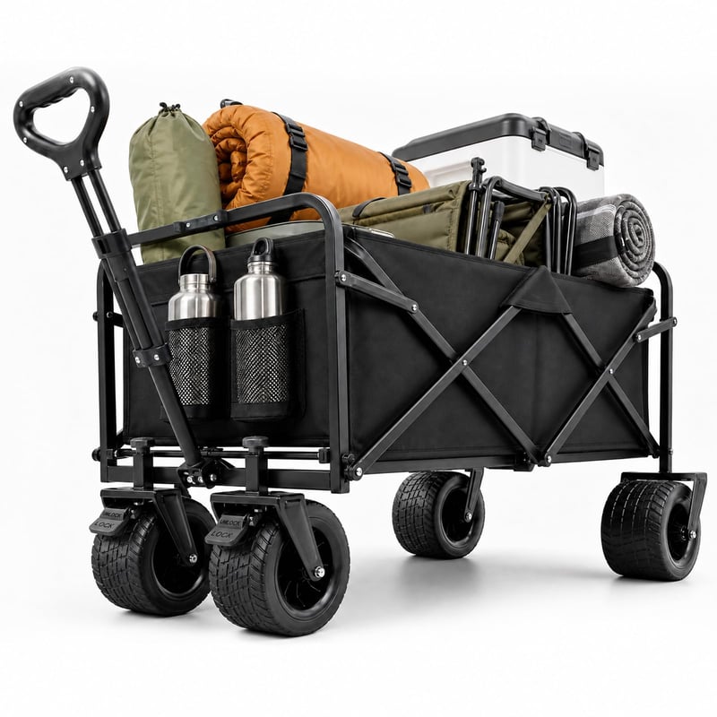 Skladací ručný vozík SURFOU, objem 200 l, nosnosť 160 kg, 84x48x100 cm, široké gumové kolesá, 360° terénne kolesá, plážový vozík na kempovanie, nákupy