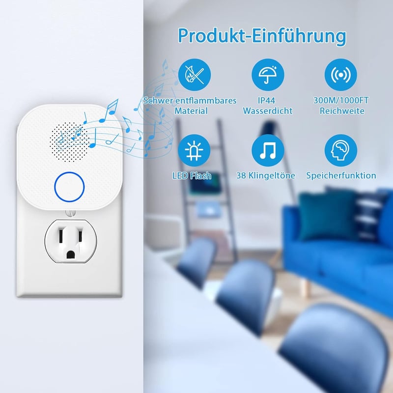 SURNICE Vezeték Nélküli Csengő, Vízálló Kültéri Kaputelefon, 300m Hatótáv, 38 Csengőhang, 4 Hangerőszint, LED Villogás