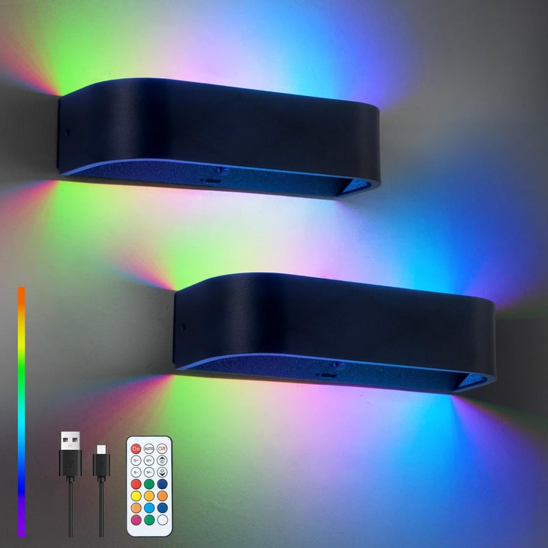 SURPALIG RGB LED nástenné svietidlo 2 ks, 16 farieb, 6000 mAh batériové interiérové nástenné osvetlenie, stmievateľné s diaľkovým ovládaním a časovačom, dekorácia do izby a herne, čierne