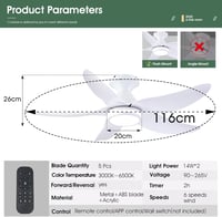 Surtime 117 cm Mennyezeti Ventilátor Lámpával, Távirányítóval, 6 Fokozat, Halványítható 2