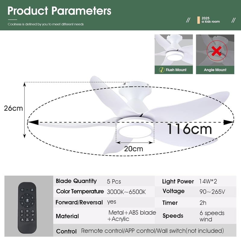 Surtime 117 cm Mennyezeti Ventilátor Lámpával, Távirányítóval, 6 Fokozat, Halványítható
